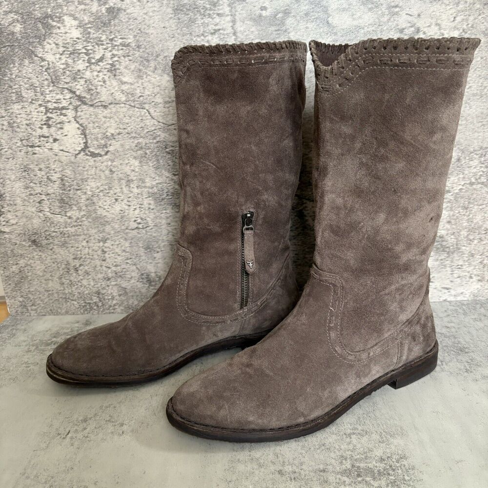 Trask Green Whipstitch Suede Leather Womans 8 Mid Calf Side Zip Boots Slip On